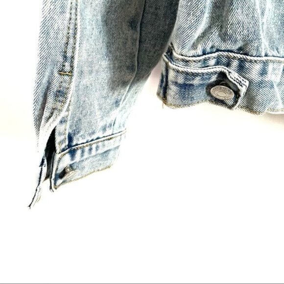 Handcrafted Beaded Pearl Jean Jacket Medium Over The Shoulder Long Sleeve Denim - Picture 4 of 8